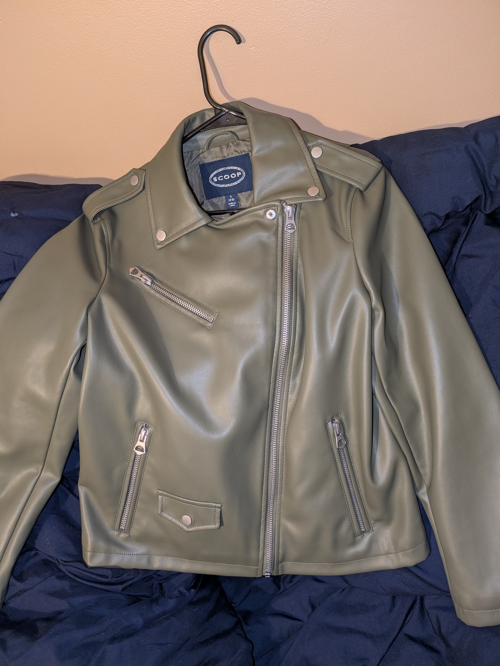 Scoop Olive Moto-Style Vegan Leather Jacket - Women's